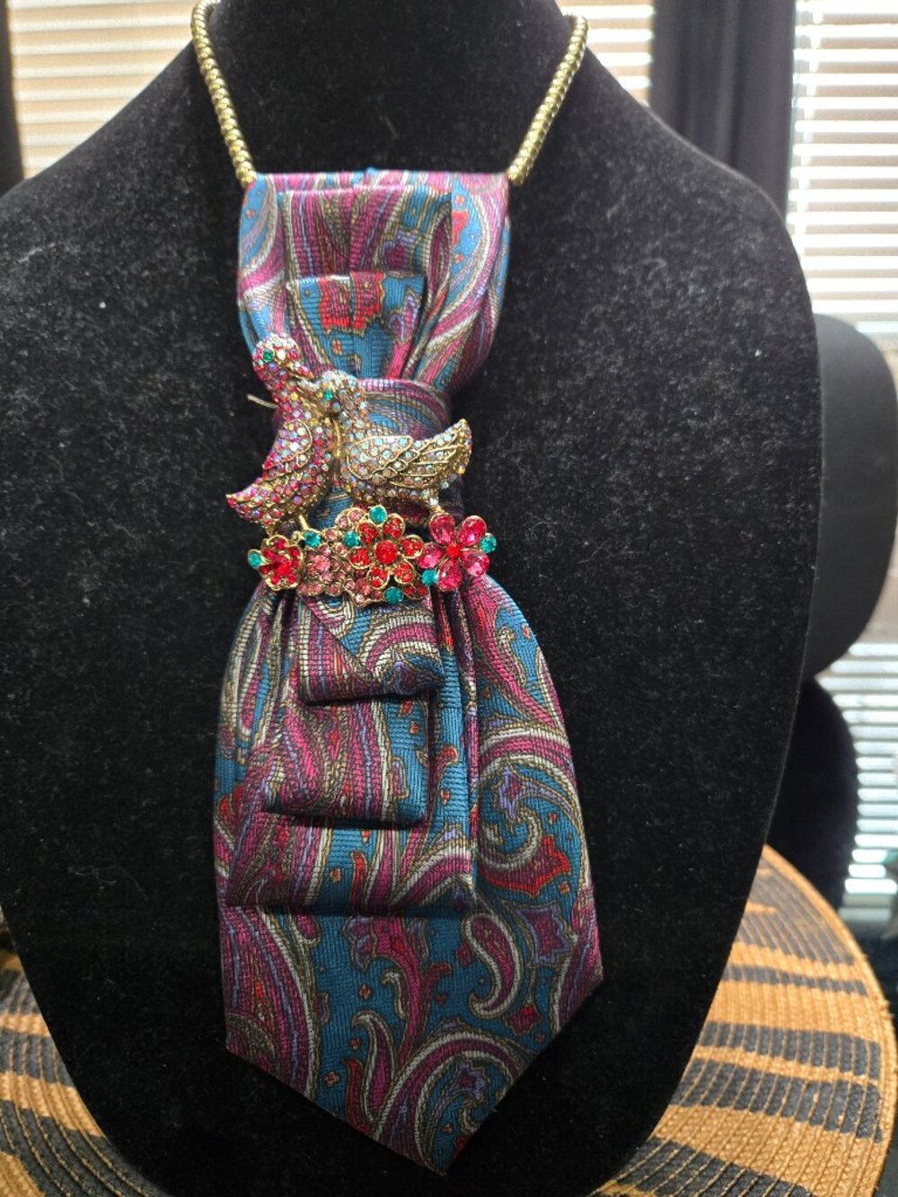 Decorative Tie Necklace with Brooch